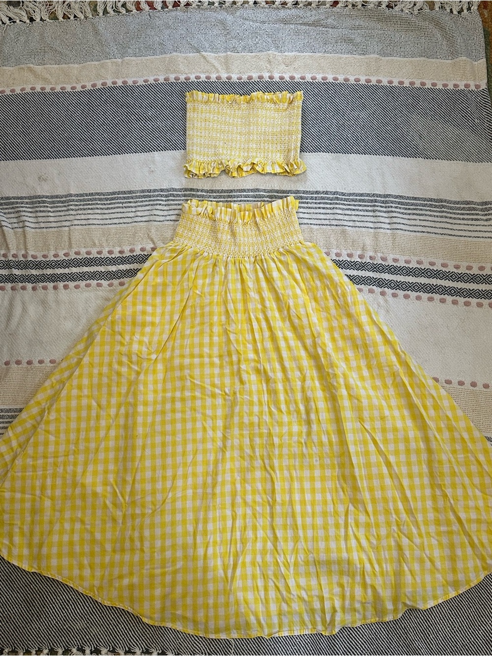 Goodnight Macaroon Yellow Gingham Two-Piece Smocked Dress Set EUC